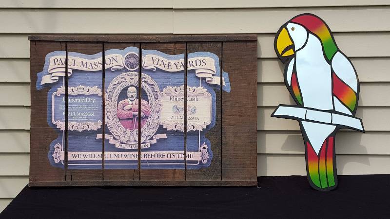 lot 33 image: Paul Masson Vineyards Wooden Sign & Mirrored Parrot