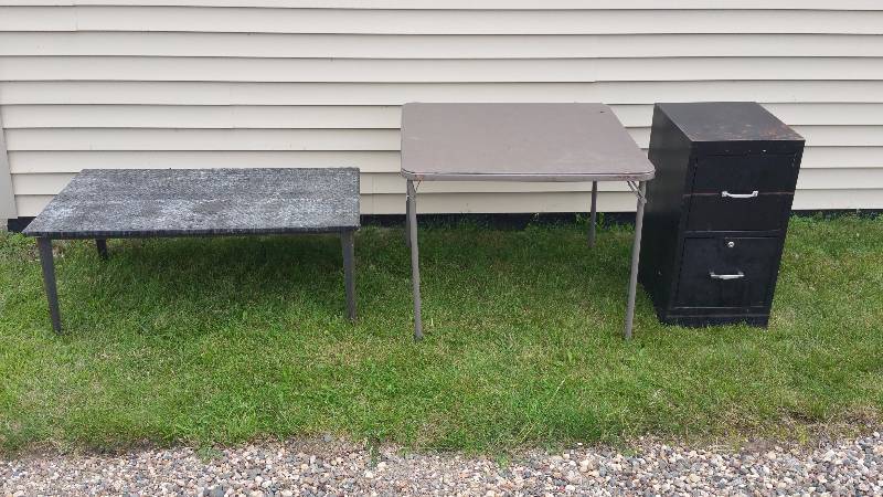lot 82 image: Bamboo Mesh Table, Folding Card Table, and Metal Filing Cabinet