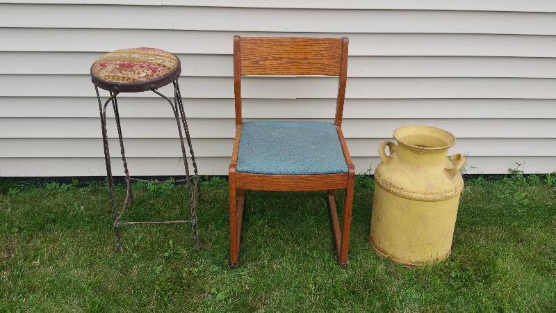 lot 83 image: Victorian Wraught Metal Palor Stool, Vintage Wooden Chair, and Antique Milk Can