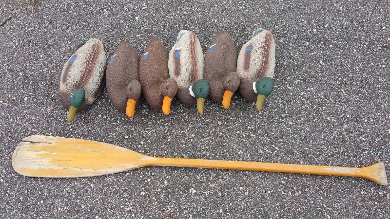 lot 116 image: (6) Mallard Duck Decoys & Wooden Paddle