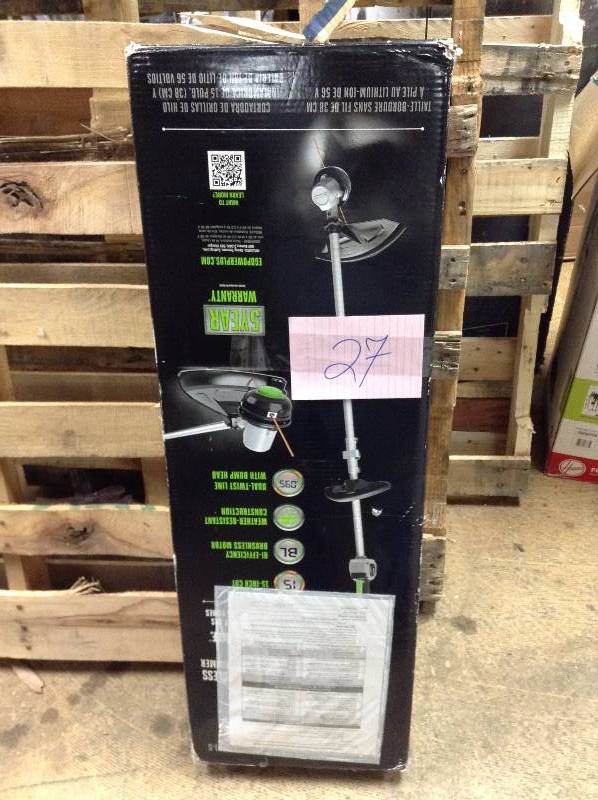 lot 27 image: EGO Power 15-Inch 56-Volt Lithium-Ion Cordless Brushless String Trimmer - 2.0Ah open box never used
