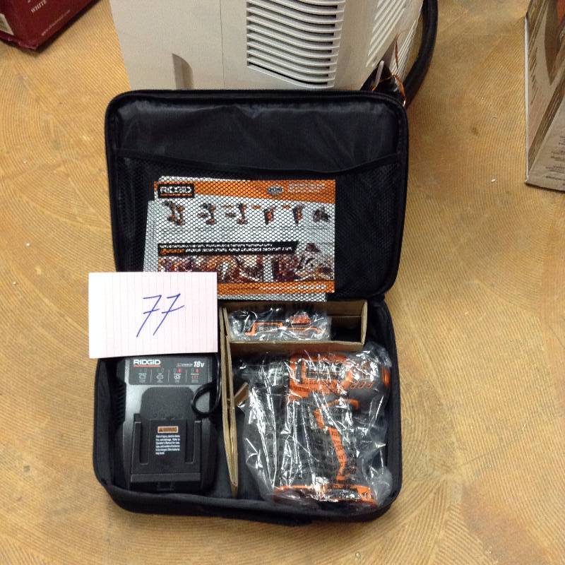 lot 77 image: Ridgid 18 volt cordless lithium ion 12 in compact drilldriver kit in like new condition