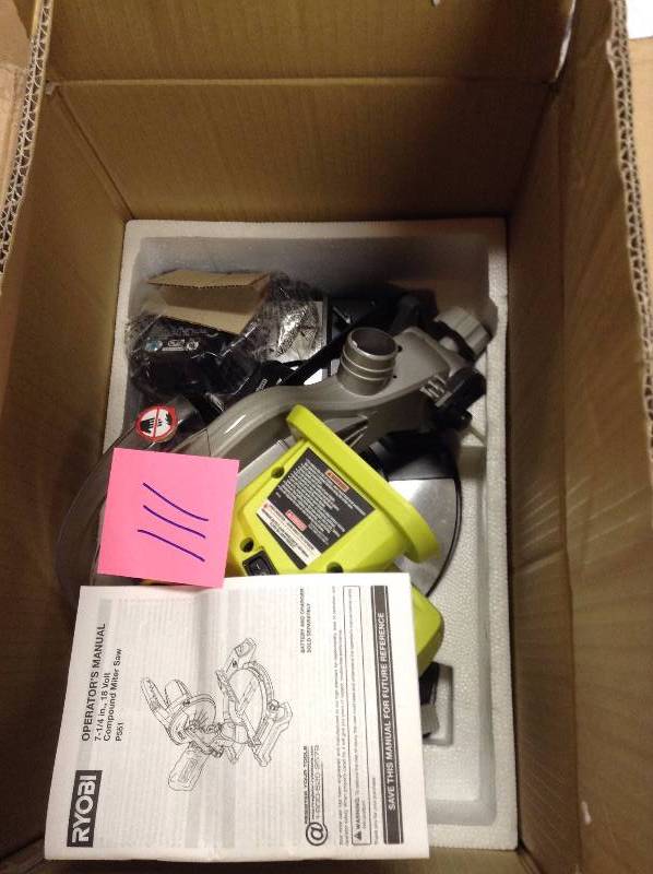 lot 111 image: Ryobi 18V 5 PC Combo Kit with Miter Saw New