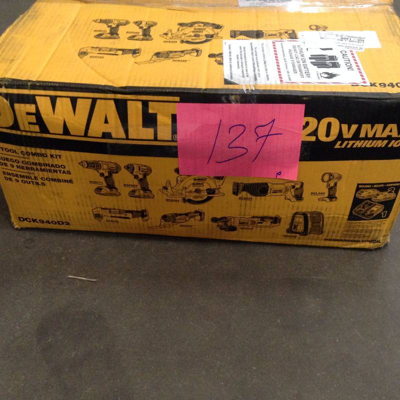 lot 137 image: DEWALT DCK940D2 20V MAX Lithium Ion 9-Tool Combo Kit never used open box