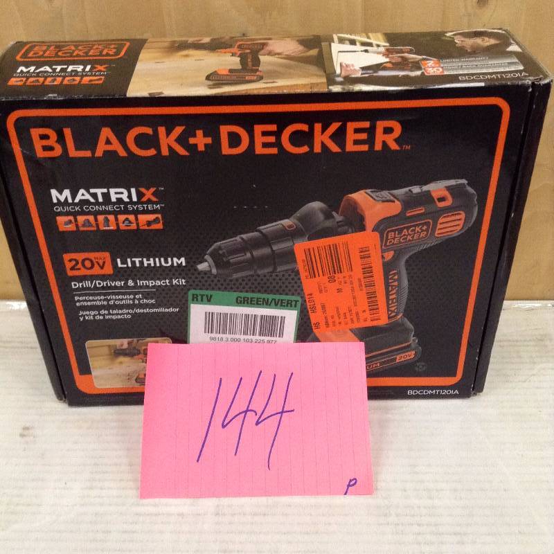 lot 144 image: Black and Decker 20-Volt MAX Lithium-Ion Cordless Matrix DrillDriver and Impact Kit with 2 Attachments never used