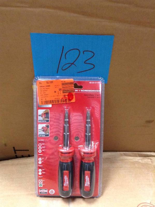 lot 123 image: Milwaukee 48-22-2114F 11-in-1 Multi-Tip Screwdriver w Square Drive Bits 2-Pack New