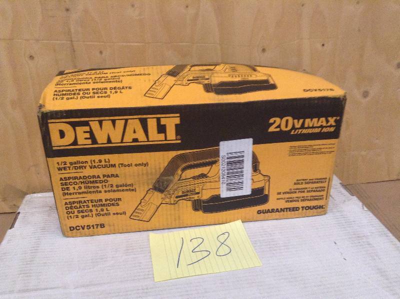 lot 138 image: Dewalt DCV517B Baretool 20V MAX Cordless 12 gallon WetDry Portable Vac Kit not used