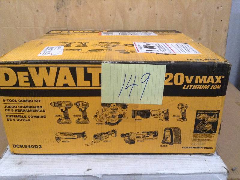 lot 149 image: DeWalt 20V Max Cordless LithiumIon 9Tool Combo not used model DCK940D2