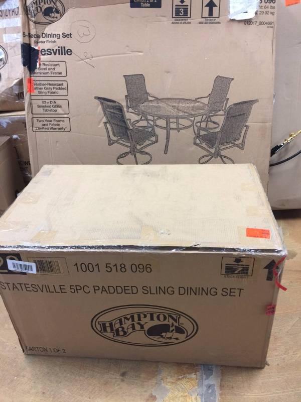 lot 154 image: Hampton Bay Statesville 5-Piece Padded Sling Patio Dining Set with 53 in. Glass Top open box never used