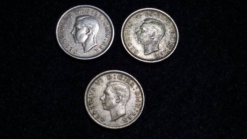 1942, 1945, 1948 Silver English Six Pence Coins