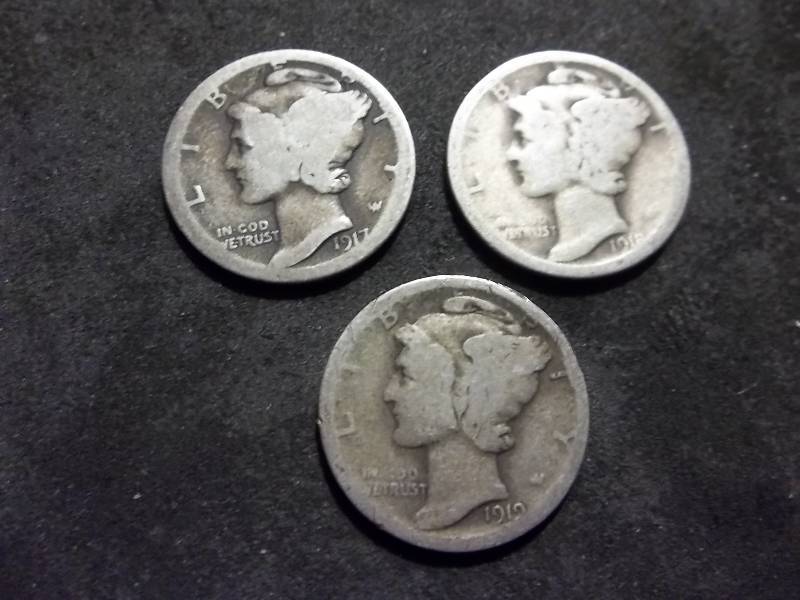 1917 S, 1918 S, 1919 Mercury Dimes