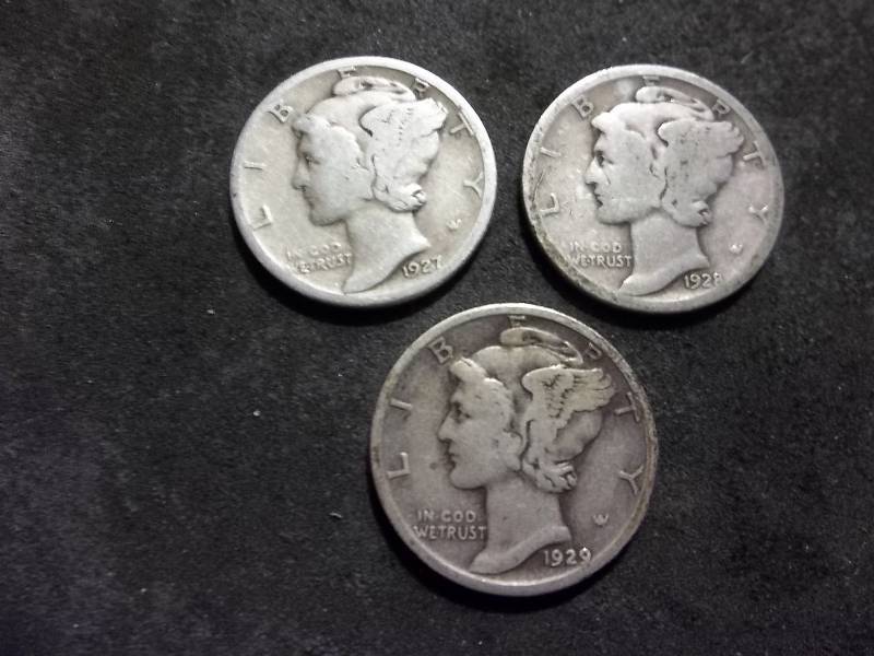 1927, 1928, 1929 Mercury Dimes
