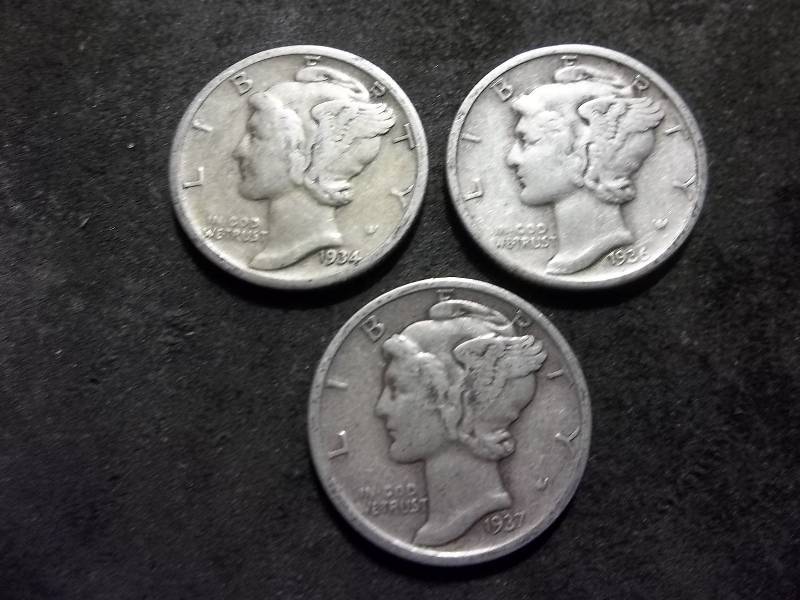 1934 D, 1936, 1937 D Mercury Dimes