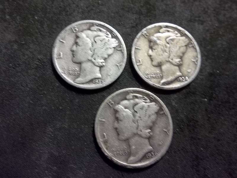 1934 D, 1935, 1936 S Mercury Dimes