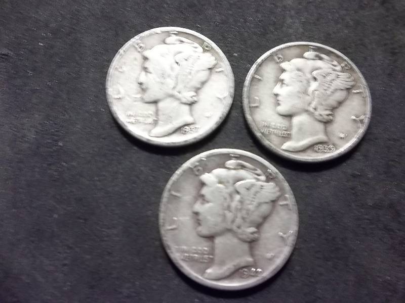 1937 S,  1939, 1942 D Mercury Dimes