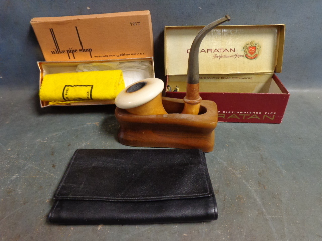 lot 111 image: Smoking Pipe, Pipe Rest and Tobacco pouch