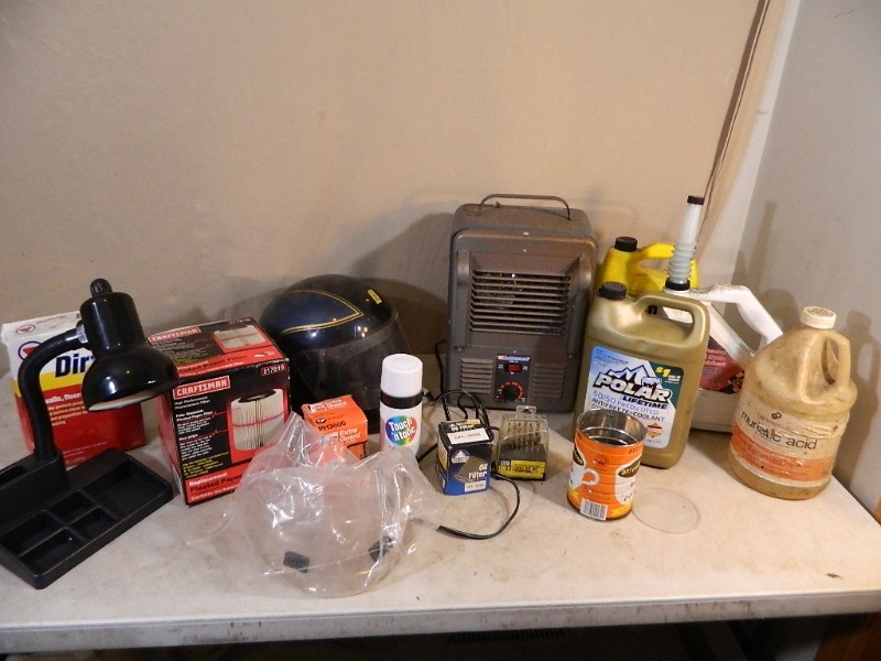 lot 144 image: Space Heater, Shop Chemicals, Oil Filters, Etc