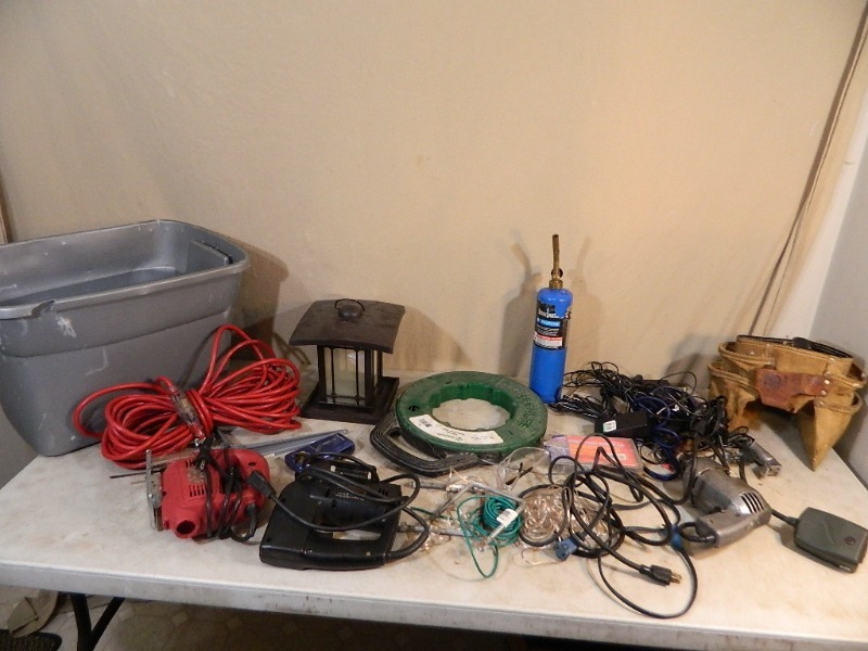 lot 160 image: Jig Saws, Drill, Tools, Cords, Etc