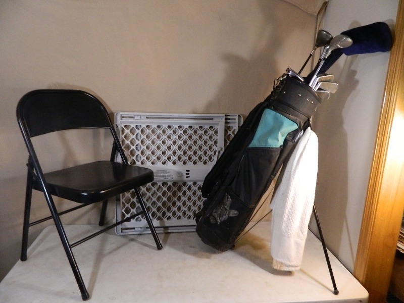 lot 177 image: Pet Gate, Golf Clubs, and Folding Chair
