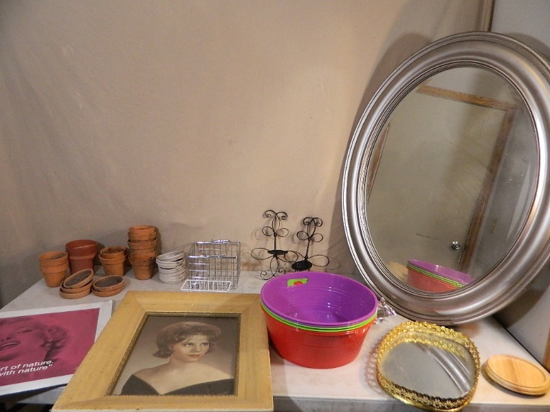 lot 219 image: Large Framed Mirror, Pots, and More