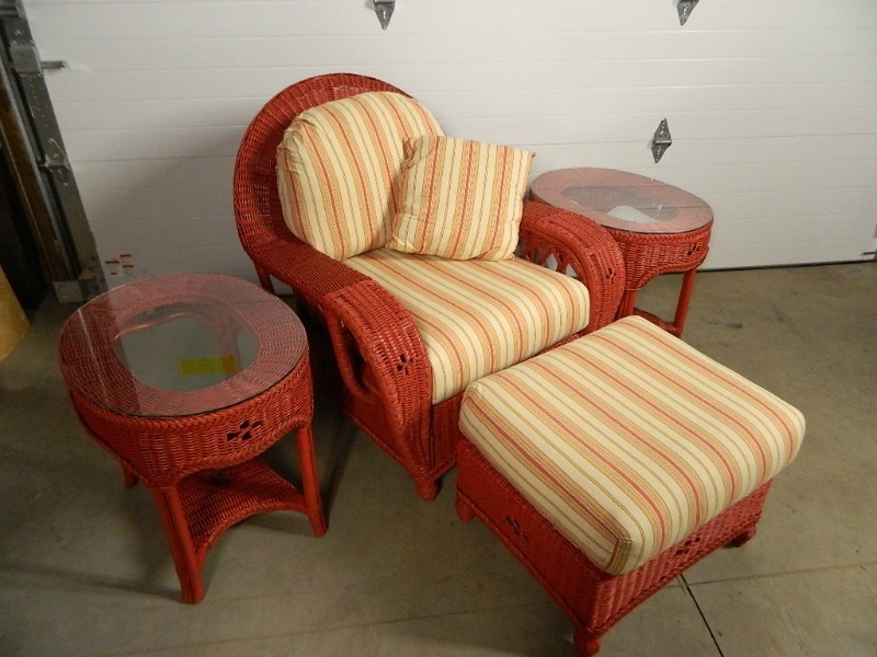 lot 28 image: Indoor Tradewinds Wicker Chair, Ottoman, and Two Tables