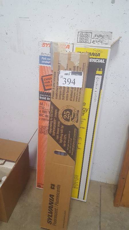 lot 394 image: Lot of (3) Boxes of Flourescent Lighting Includes Sylvania 4100K T4 32W, Sylvania SuperSaver Cool White 34W, Sylvania Cool White Deluxe 40W