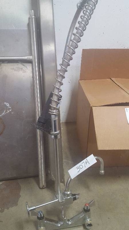 lot 307A image: Commercial Stainless Steel Wash Station w Overhead Hose, HotCold, Long Neck Faucet