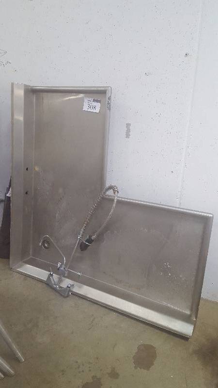 lot 308 image: Commercial Stainless Steel L-Shaped 5ft. Corner Sink w Wash Station w Overhead Hose, HotCold, Long Neck Faucet