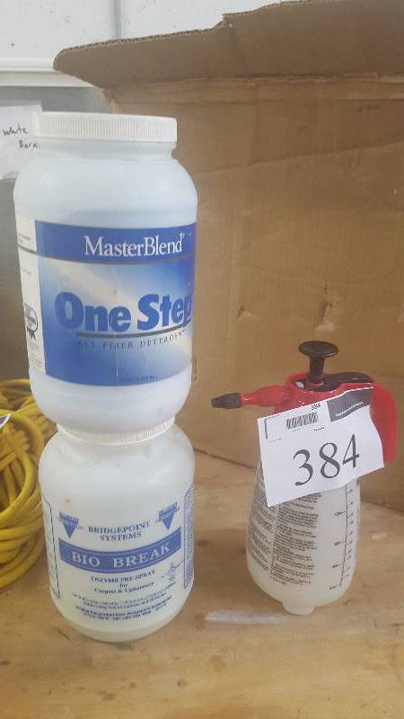 lot 384 image: Master Blend One Step Ball Fiber Detergent, Bridgeport Systems Bio Break Enzyme Pre-Spray, Mini Sprayer