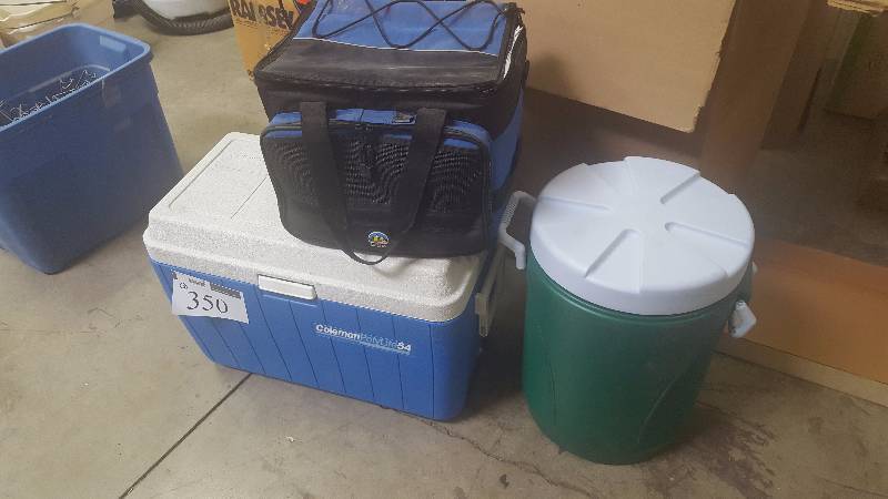 lot 350 image: Lot of (3) Ice Coolers Includes CW Gear Cooler Bag, Coleman Ice Chest, Menards Water Cooler