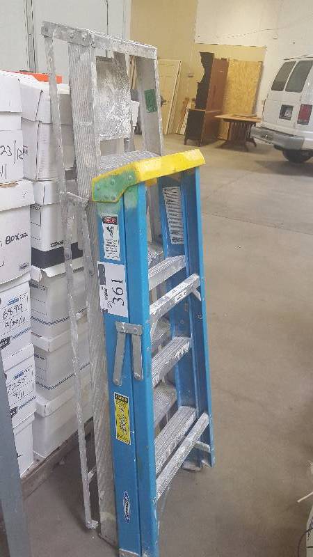 lot 361 image: Lot of (2) Ladders Includes Werner 4ft. 250 lbs. Type 1 Heavy Duty Industrial Use Non-Conductive Fiberglass, Aluminum 5ft.