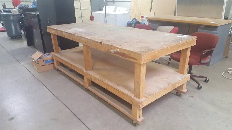 lot 313 image: Custom 2-Shelf 6-Wheel Rolling Wood Table