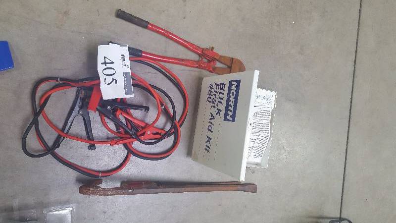 lot 405 image: Automotive Jumper Cables, Bolt Cutters, Pry Bar, North Bulk First Aid Kit
