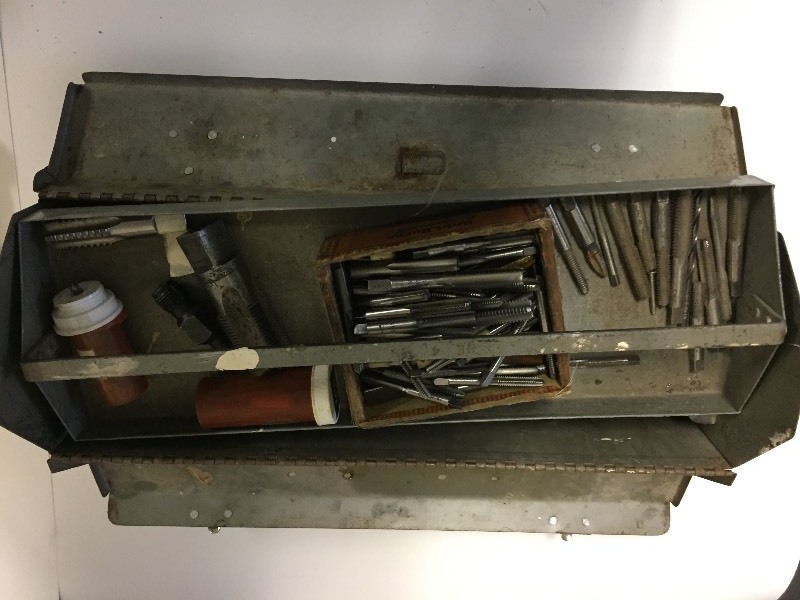 lot 71 image: Metal Toolbox Full of Tools - Pipe Threaders, Pipe Dies, Taps, More
