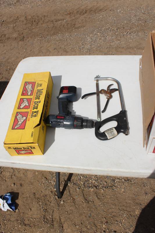 lot 254 image: Miter Box, Hack Saw, Drill, Yard Hand Clippers