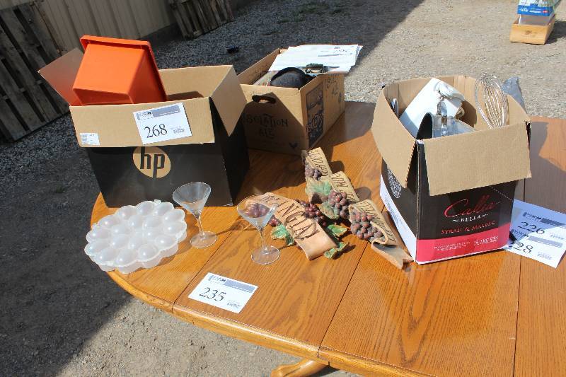 lot 268 image: Lot of (2) Boxes of Pans, Wisk, Can Opener, Trays, Glassware, And More