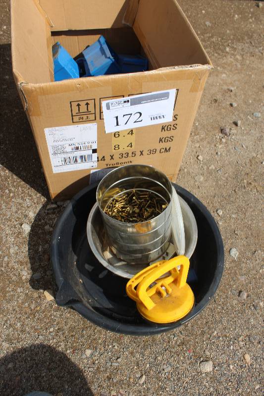 lot 172 image: Oil Catcher, Small Plastic Storage Bins, Bolts, And More
