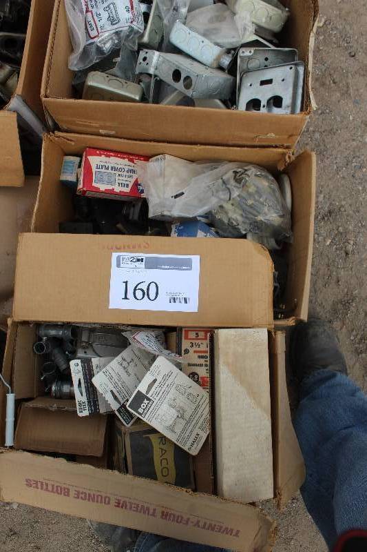 lot 160 image: Lot of (3) Boxes of Electrical Equipment Includes Switches, Outlets, Hardware, And More