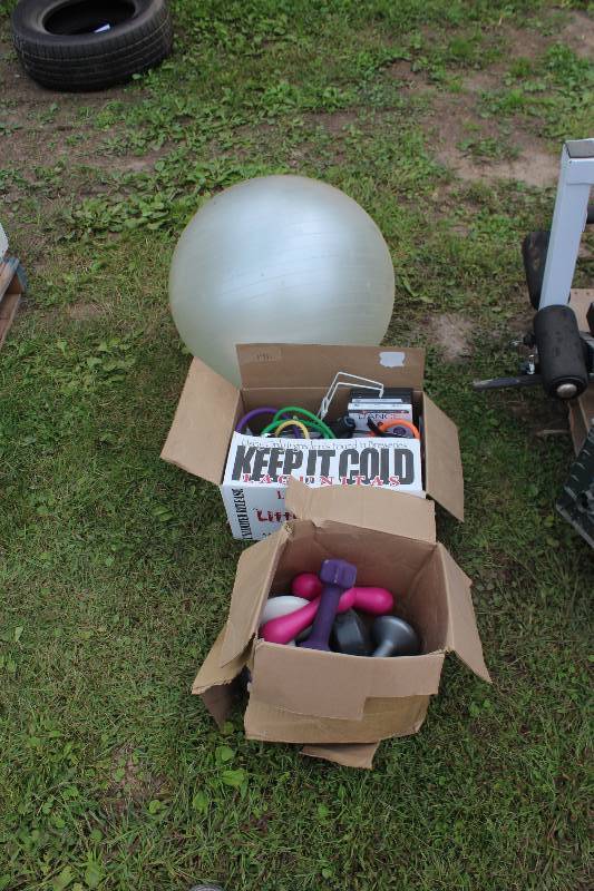 lot 145 image: Exercise Equipment Includes Exercise Ball, Hand Weights, Pull Cords, And More