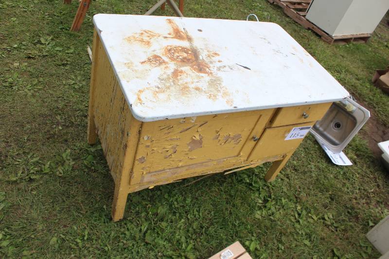lot 115 image: 3-Drawer Wood Cabinet w Porcelain Top