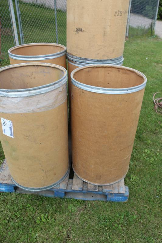 lot 60 image: Pallet Lot of Cardboard Barrels w Metal Lids, Metal Tie Rings