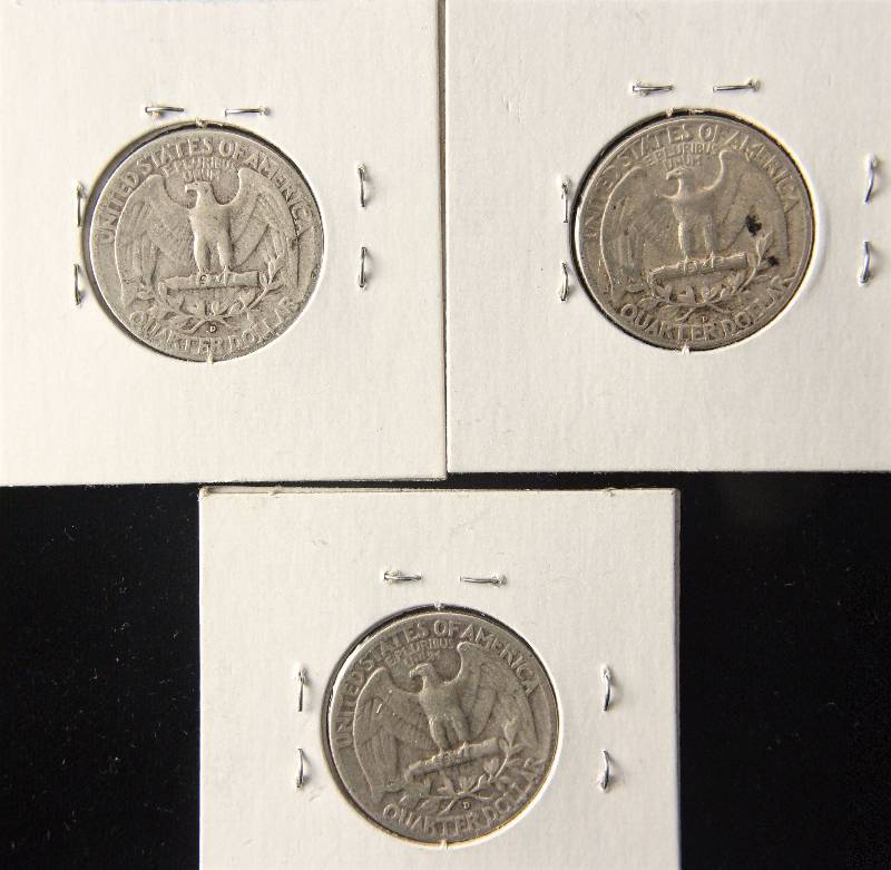 lot 13 image: GROUP OF 3 SILVER WASHINGTON QUARTERS 1947D 1948D & 1954D