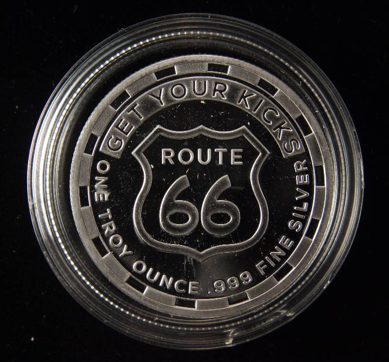lot 53 image: 1 TROY OZ. .999 FINE SILVER ROUTE 66 ROUND  IN AIRTIGHT HOLDER