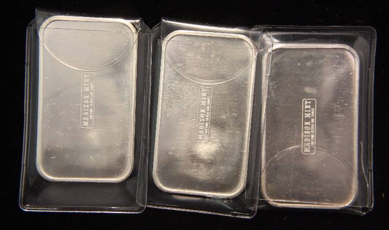 lot 67 image: GROUP OF 3 - 1 TROY OZ .999 FINE SILVER BARS FROM THE MADISON MINT 1973