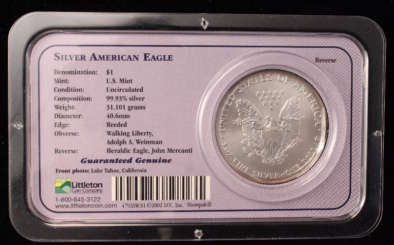 lot 71 image: 2001 AMERICAN SILVER EAGLE 1 TROY OZ. .999 FINE SILVER IN LITTLETON CASE