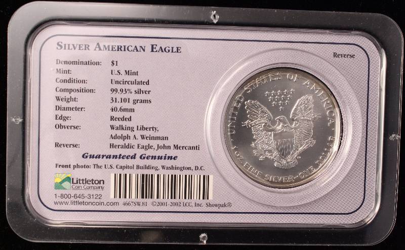 lot 75 image: 2000 AMERICAN SILVER EAGLE 1 TROY OZ. .999 FINE SILVER IN LITTLETON CASE