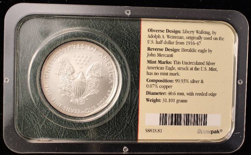 lot 77 image: 2008 AMERICAN SILVER EAGLE 1 TROY OZ. .999 FINE SILVER IN LITTLETON CASE