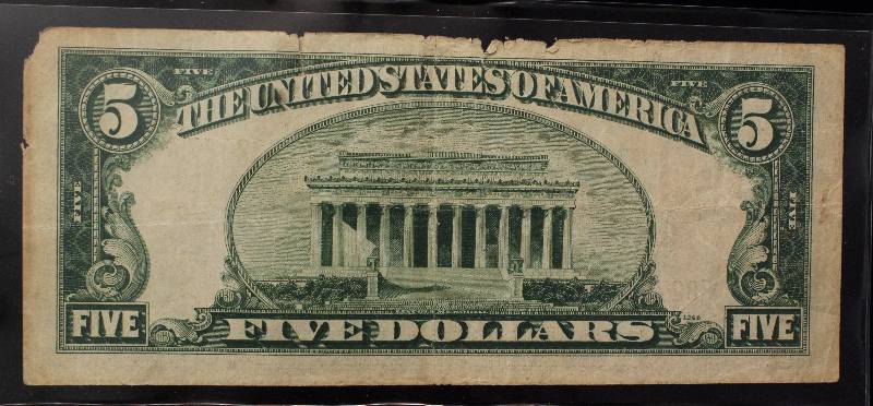 lot 73-A image: 1928-C $5 US RED SEAL FEDERAL RESERVE NOTE FINE DETAILS