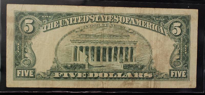 lot 07-A image: 1963 US RED SEAL $5 BILL VF DETAILS