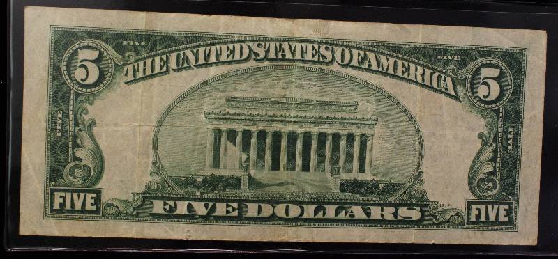 lot 34-A image: 1934-A $5 US BLUE SEAL FEDERAL RESERVE SILVER CERTIFICATE VF